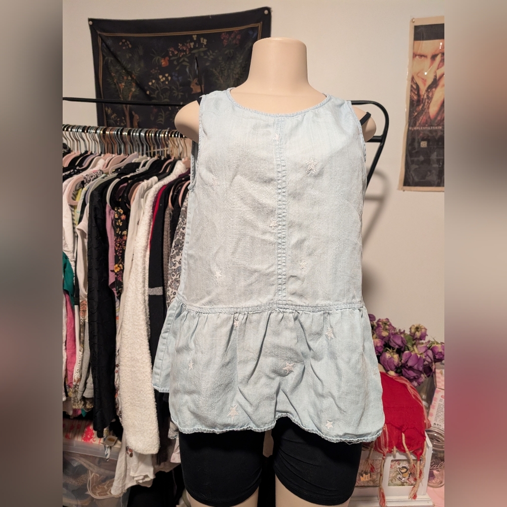 Chambray Tank Top with Ruffleโ Hem and Star Embroidery Sleeveless Casual